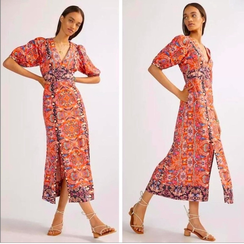 Anthropologie Orange and Red Puff Sleeve Maxi Dress